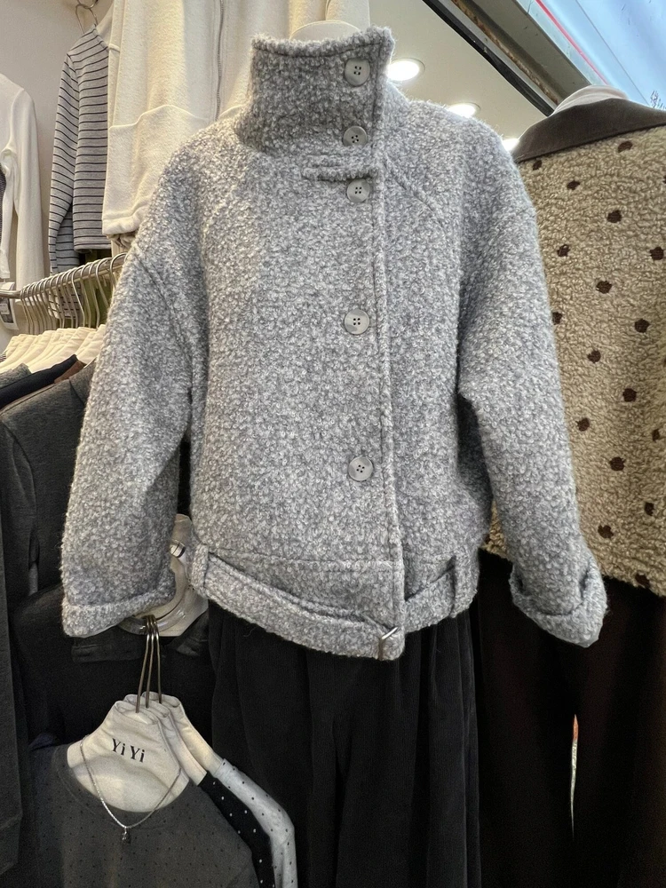 

Женское осенне-зимнее плотное стеганое водолазка с длинным рукавом, короткое шерстяное пальто, женская уличная одежда, однобортная свободная верхняя одежда