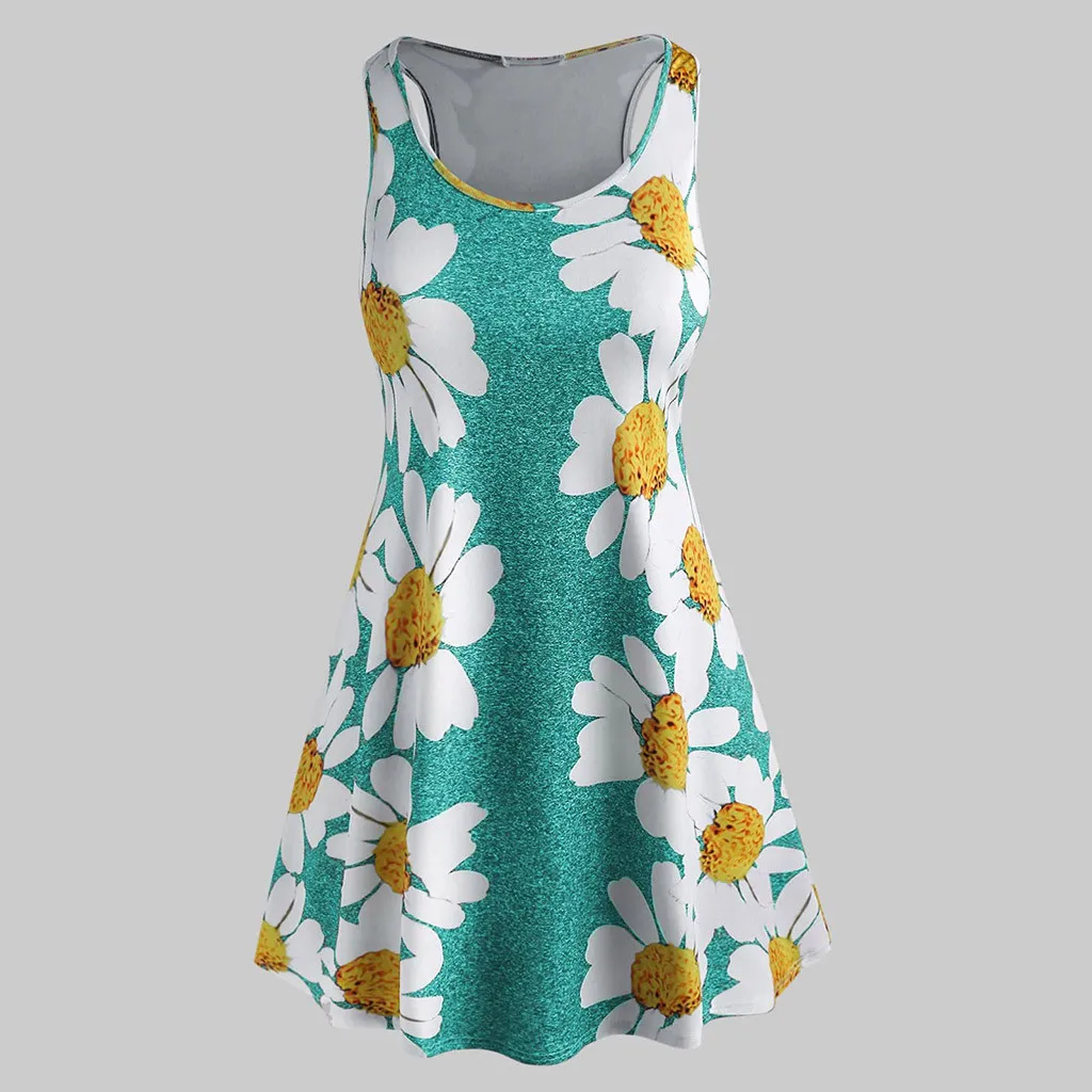 Women's Ladies Floral Print Sleeveless O-Collar Mini Dress Womens Dress Summer