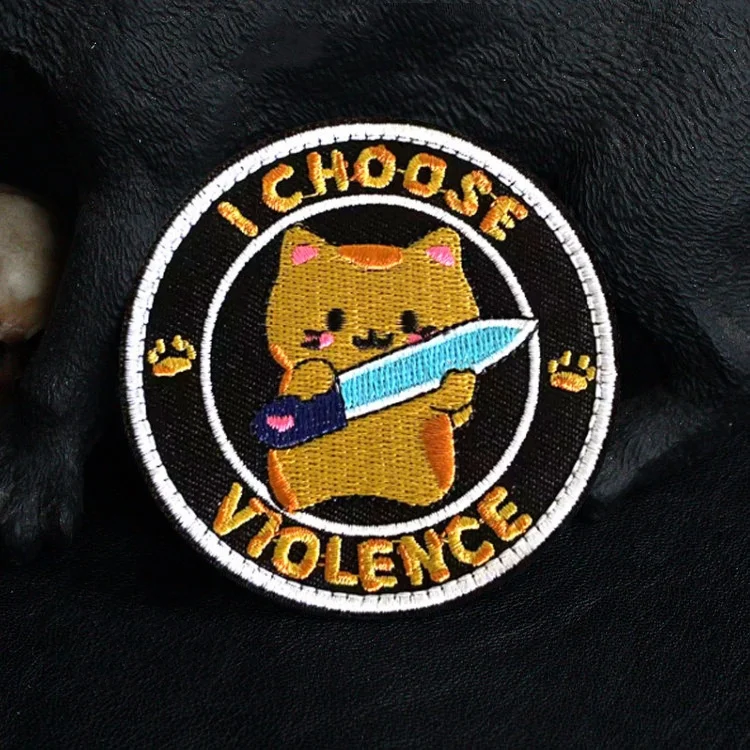 I Choose Violence Angry Yellow Duck With A Knife Tactical Embroidery Hook and Loop Patch Cute Cat Morale Badge Backpack Sticker