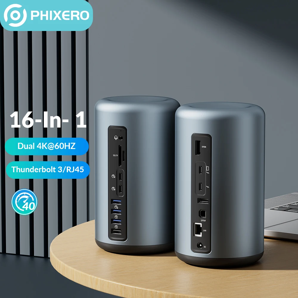 PHIXERO Thunderbolt 3 Docking Station HUB USB C to 4K/8K Display Port DP RJ45  USB3.1 for MacOS Windows Tablet Dock Station