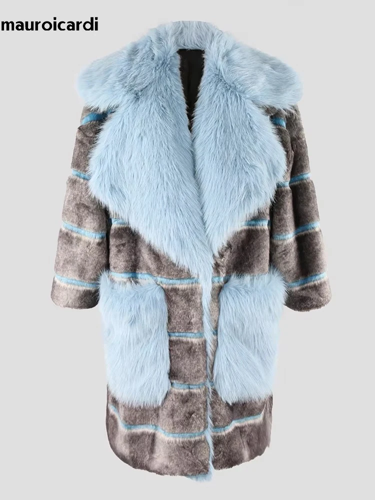 Nerazzurri Autumn Winter Long Thick Warm Patchwork Faux Fur Coat Women with Pockets Loose Casual Korean Fashion Furry Overcoat