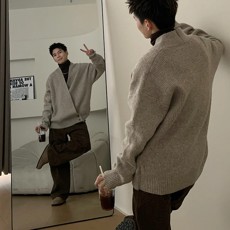 2024 아메리칸 스타일 루즈핏 남성 니트 스웨터 V넥 가디건 캐주얼 만능 레이지 패션 가을 아우터
