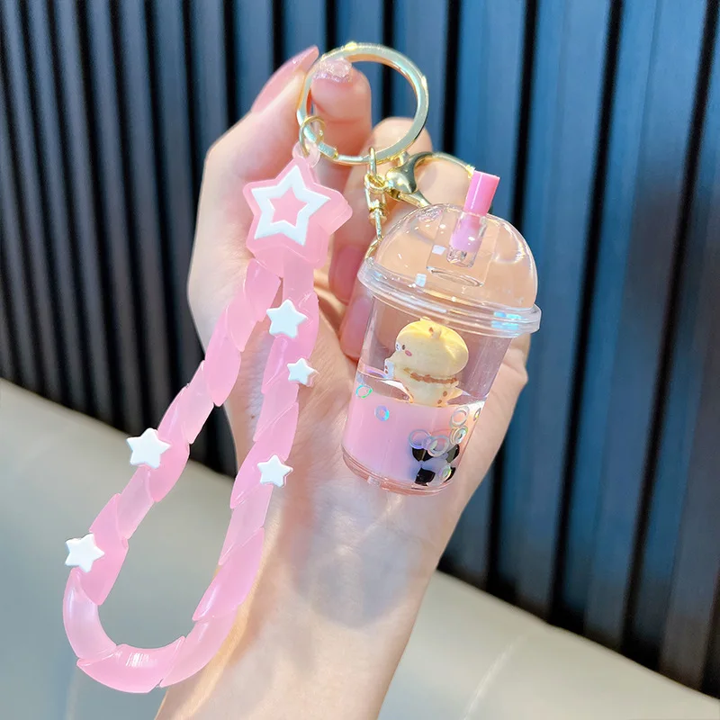 Creative Drink Milk Tea Bear Glitter Ring Liquid Keychain Cute Oil Floating Quicksand Bottle With Lid Milk Tea Cup Car Key Chain