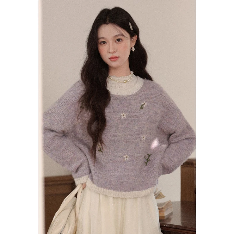 

ALXNAN повседневный пуловер из жаккарда с круглым вырезом и цветочной вышивкой, свободный свитер с цветными блоками, новая универсальная женская одежда L58092