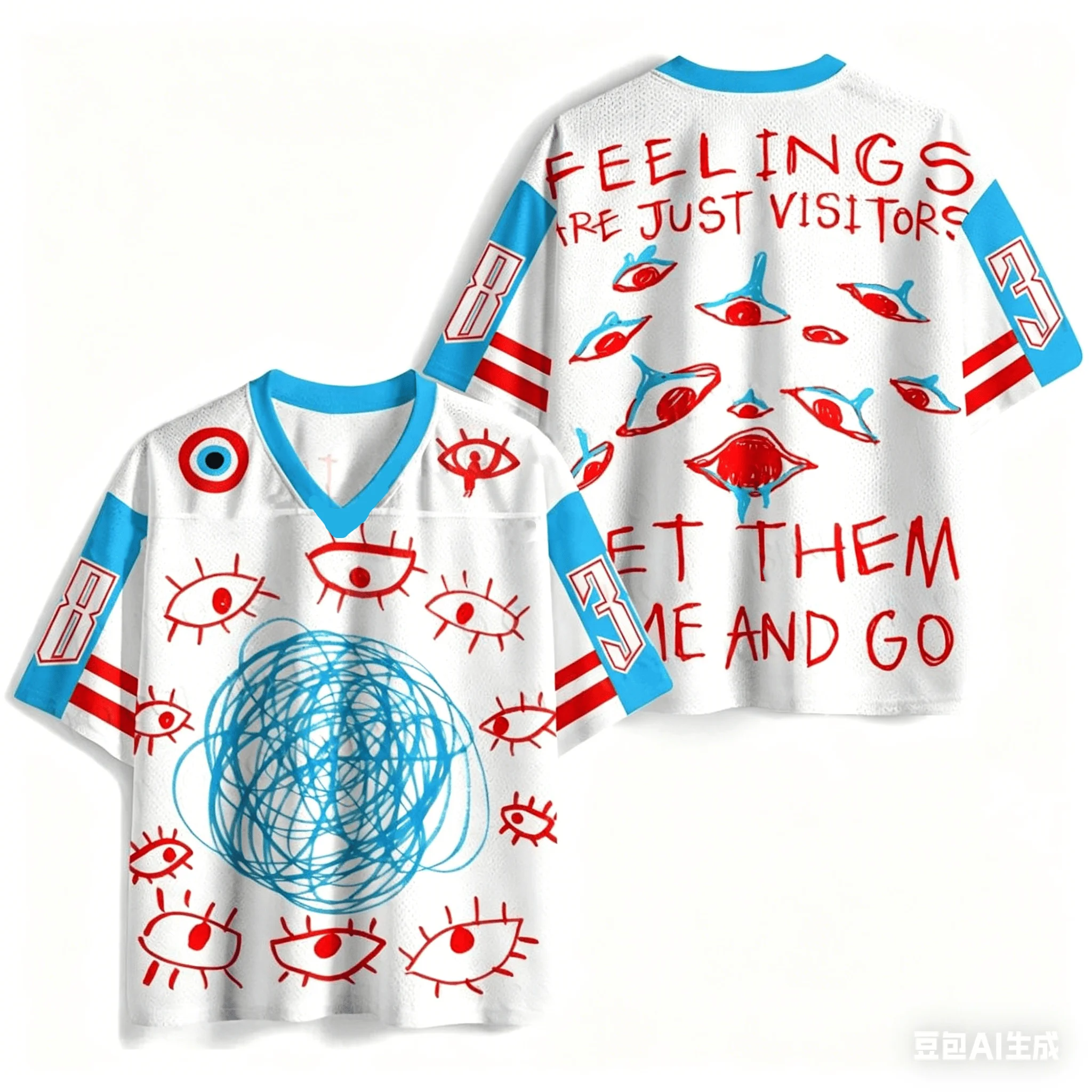 2026 Y2K Abstract Graffiti Eyes Mood Visitor T‑Shirt V‑Neck Mesh Loose Unisex Parent‑Child Retro Streetwear Short Sleeve Tee