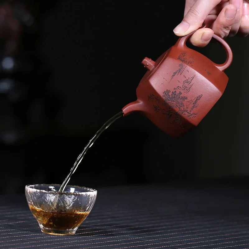 Zisha Pot Yi Handcrafted Hexagonal Tea Well Fen No.4 Bottom Slot Qing Zhu Qianbing Single Set