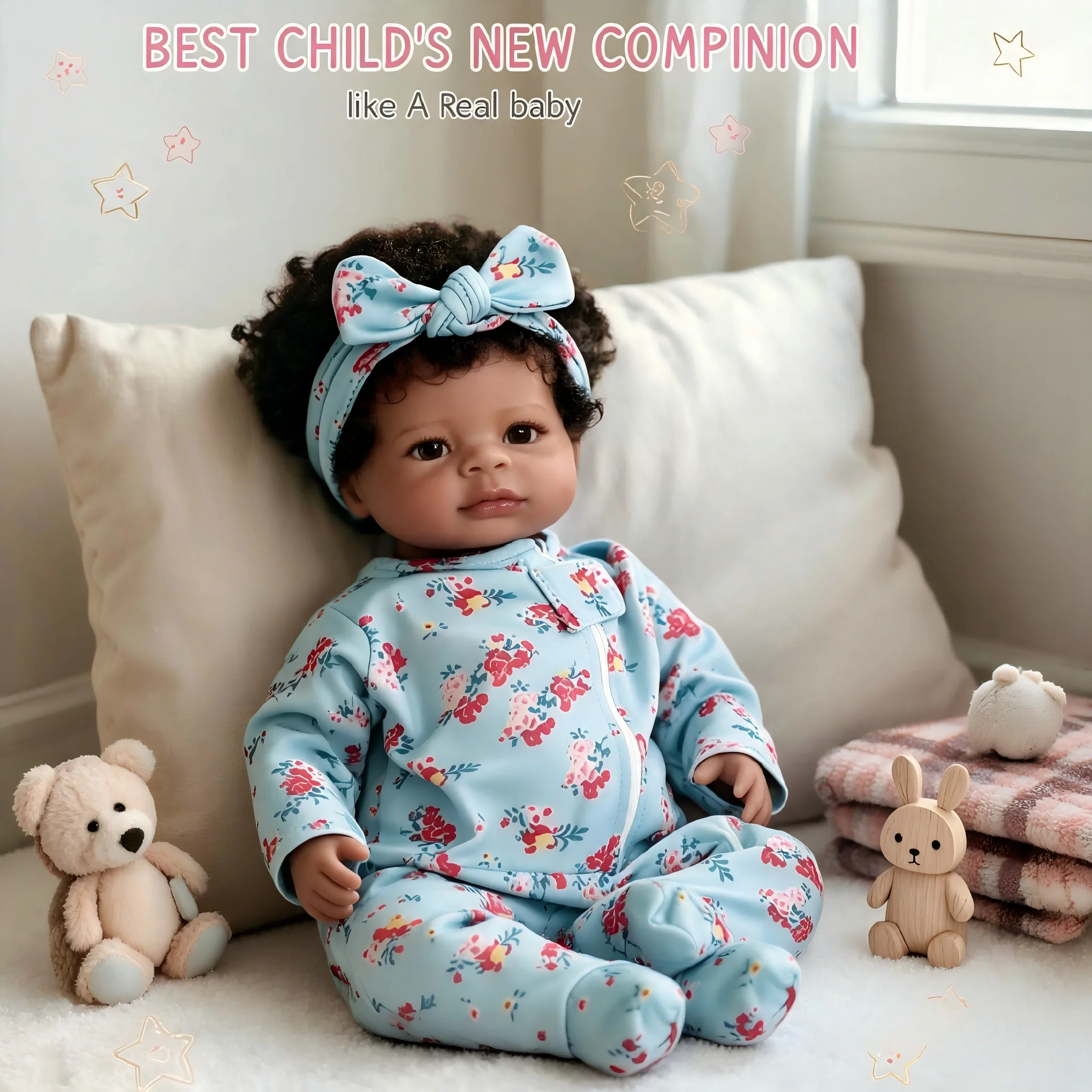 19-Inch Realistic Baby Doll Reborn Girl Toy Lifelike Newborn Doll with Fluffy Curly Hair Hand-Painted Fine Features Soft Vinyl Material for Ages 3+ Birthday Holiday Collectible Gift