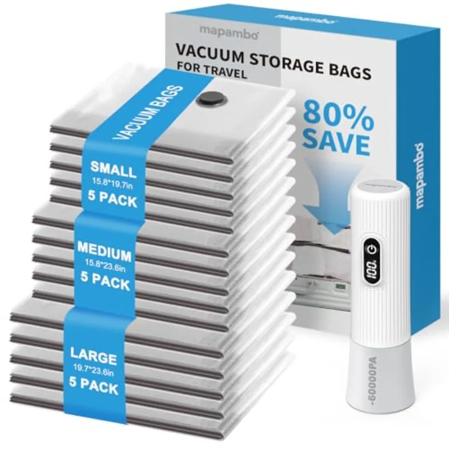 

Вакуумные пакеты для путешествий с электрическим насосом LED мощностью -60000 Па, 15 штук, для одежды, в 3 комбинированных размерах, для экономии места.