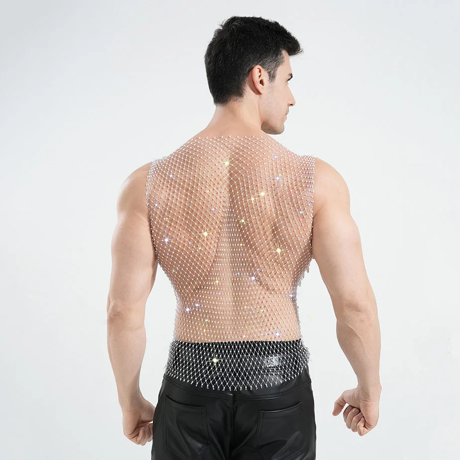 Summer Male Shell Tassel Mesh Tank Top American Fashion Men Sexy Stage Performance Rhinestone Hollow Out Sleeveless Tops