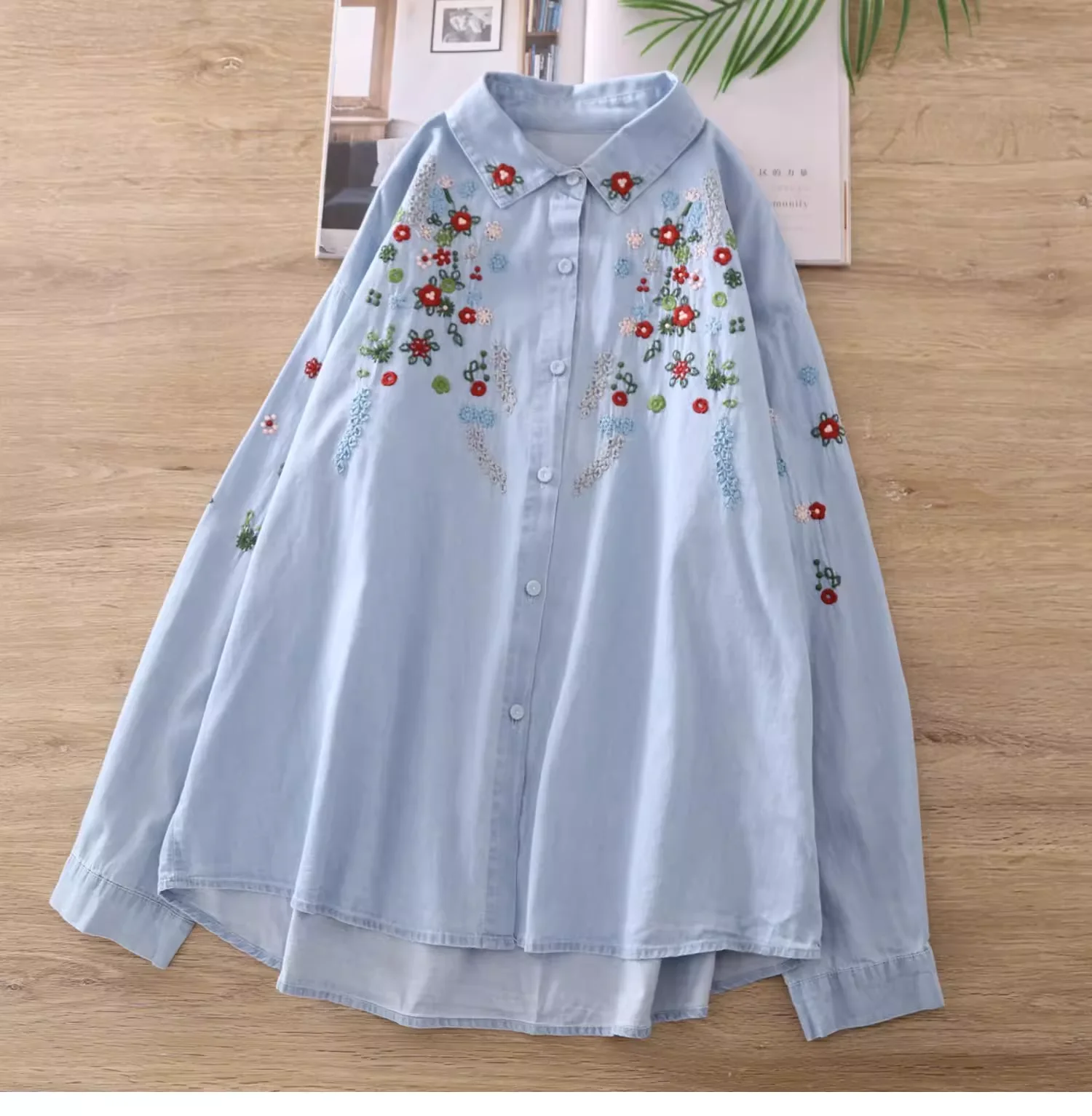 Elegant women's luxury blouses ethnic long sleeve flowers embroider denim blouses for women jean shirts autumn women's clothing