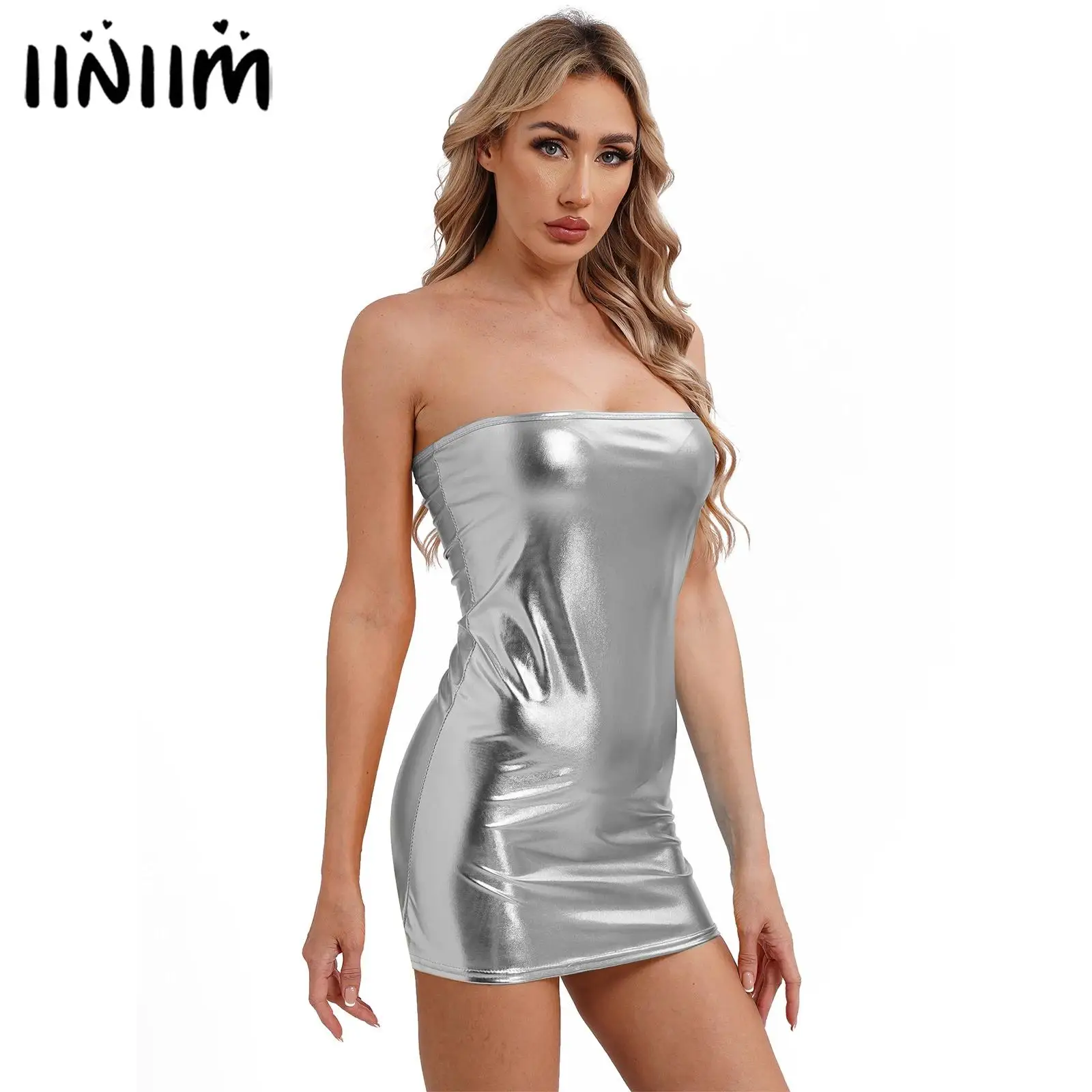 Womens Metallic Shiny Bodycon Dress Ruched Hip Wrap Disco Rave Party Clubwear Jazz Dance Dress Gothic Nightclub Party Costume