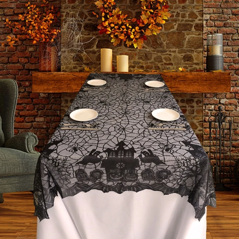 Terrifying Halloween Tablecloth, 53x69inch Festival Black Lace Table Cover for Thrilling Party Ambiances