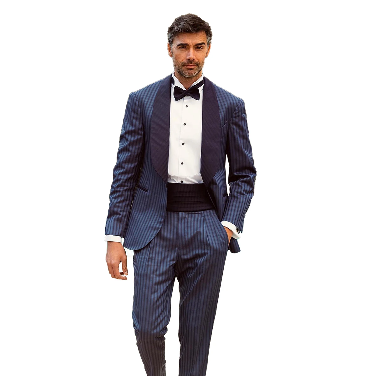Men's Suit 2 Pieces Blazer Pants One Button Wide Satin Lapel Pinstripes Formal Business Slim Formal Wedding Groom Costume Homme