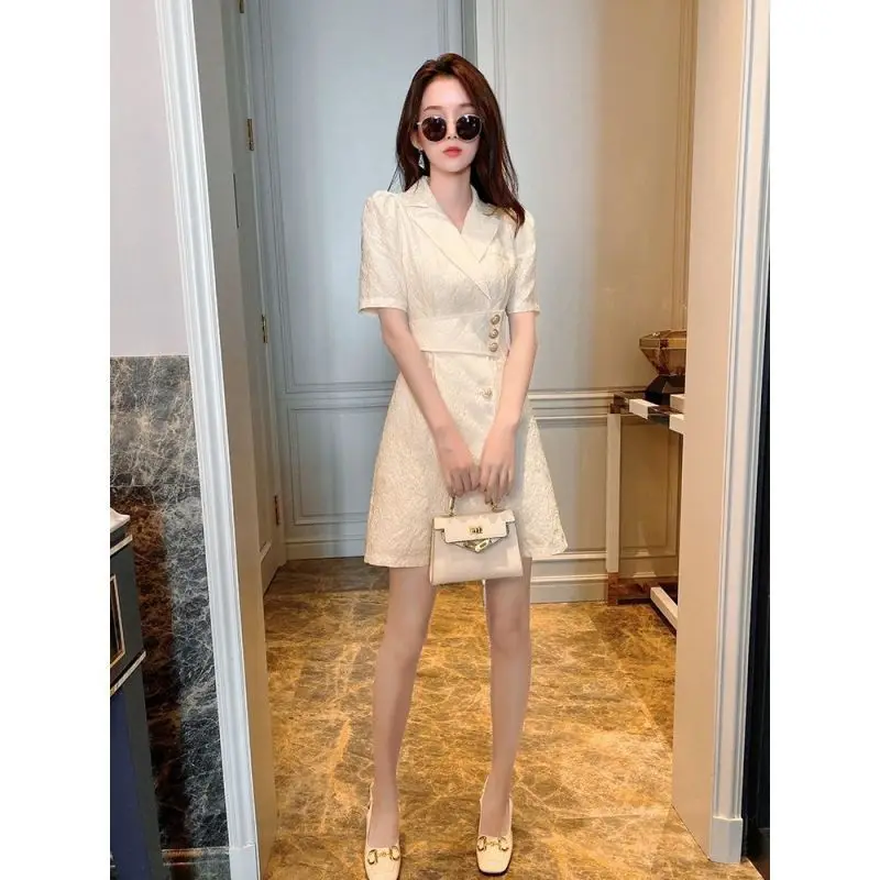 

Korean Fashion Elegant Suit Dresses for Women's 2023 Summer New Arrival Polo Collar Single Breasted Thin Waist Style Dress