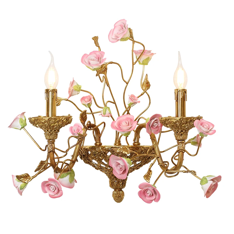 Retro brass ceramic rose wall lamp, dual head art bedroom, living room, corridor, background wall decoration lamp