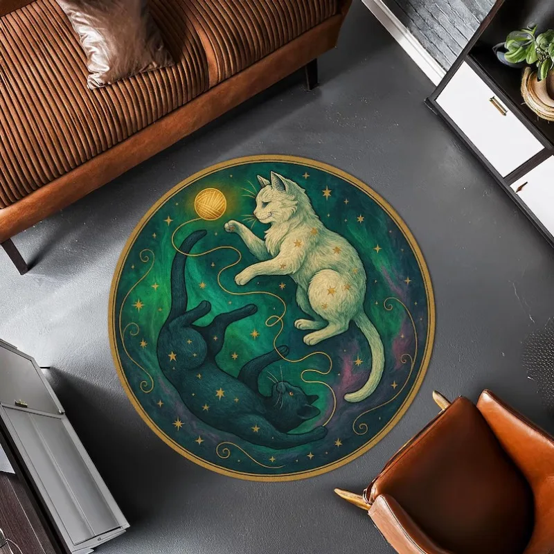 Yin Yang Cat Celestial Round Rug Mystical Starry Sky Cat Non-Slip Carpet Boho Aesthetic Home Decor Mat for Living Room Bedroom