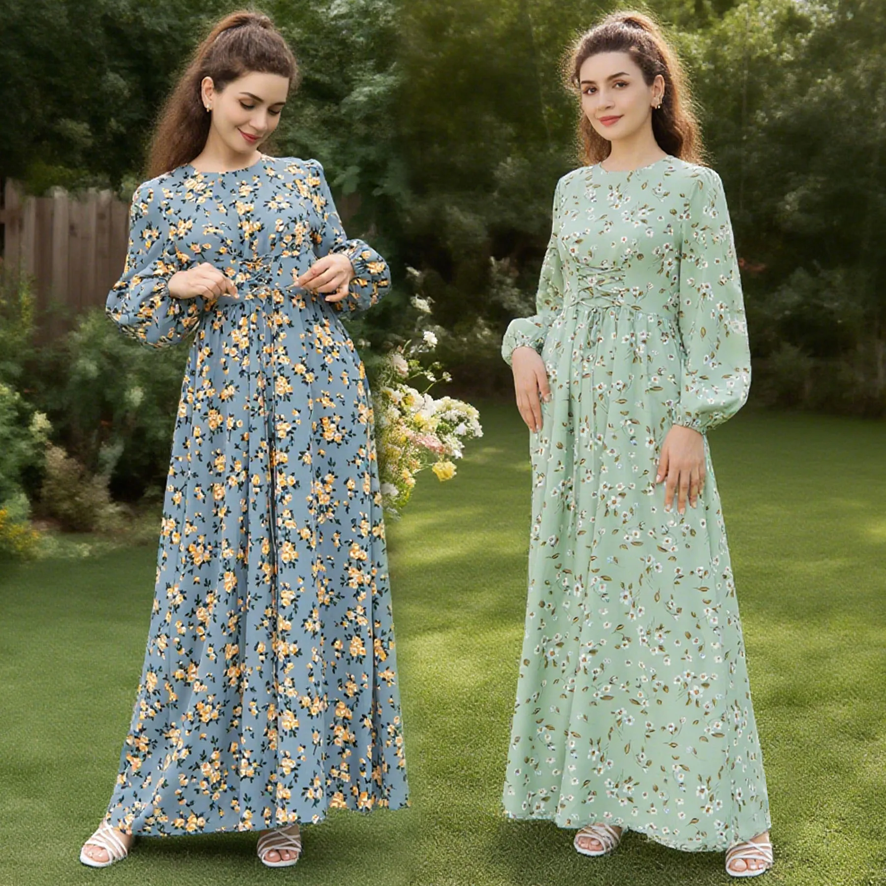 

Summer Floral Print Muslim Long Women Dress, Front Lace Up Long Sleeves Sweet Hijabi Robe, Dubai Turkish Modest Islamic Clothing