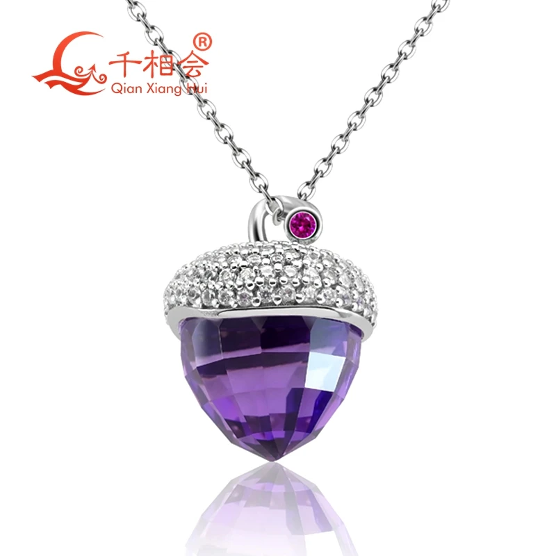 14mm Natural Amethyst Acorn Pendant Moissanite and lab Ruby | Elegant S925 silver Necklace | Lucky Gift | Valentine/Birthday