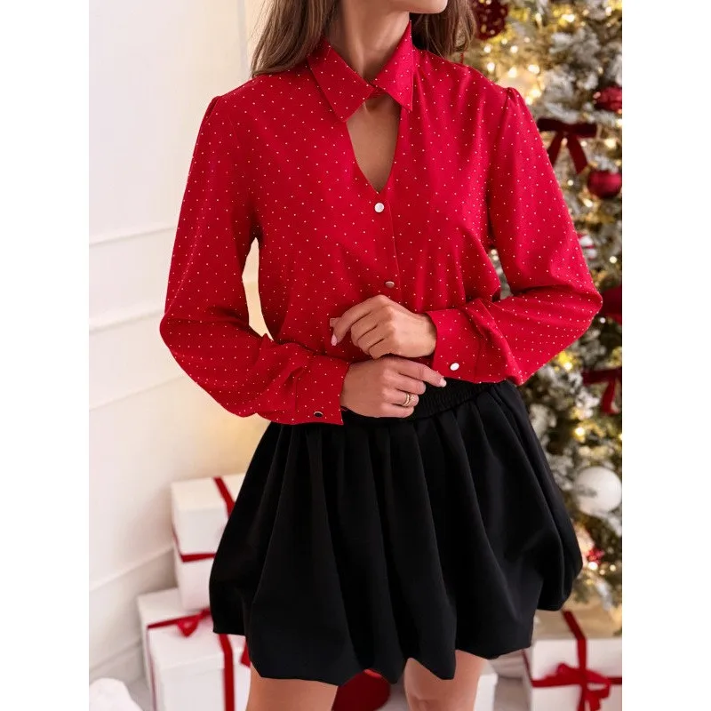

New Elegant Office V-neck Hot Drill Single Breasted Women's Polka Dot Korean Wild Spring And Autumn Powder Blusher Women's Shirt