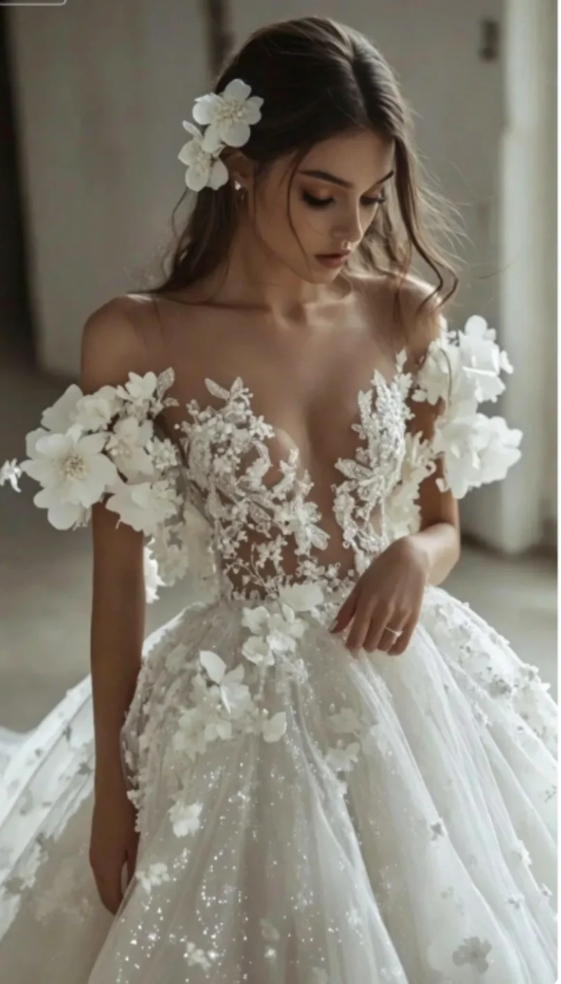2026 Off Shoulder 3D Floral Ball Gown Wedding Dress Sheer Corset Deep V Neck Sparkly Tulle Bridal Gown Custom