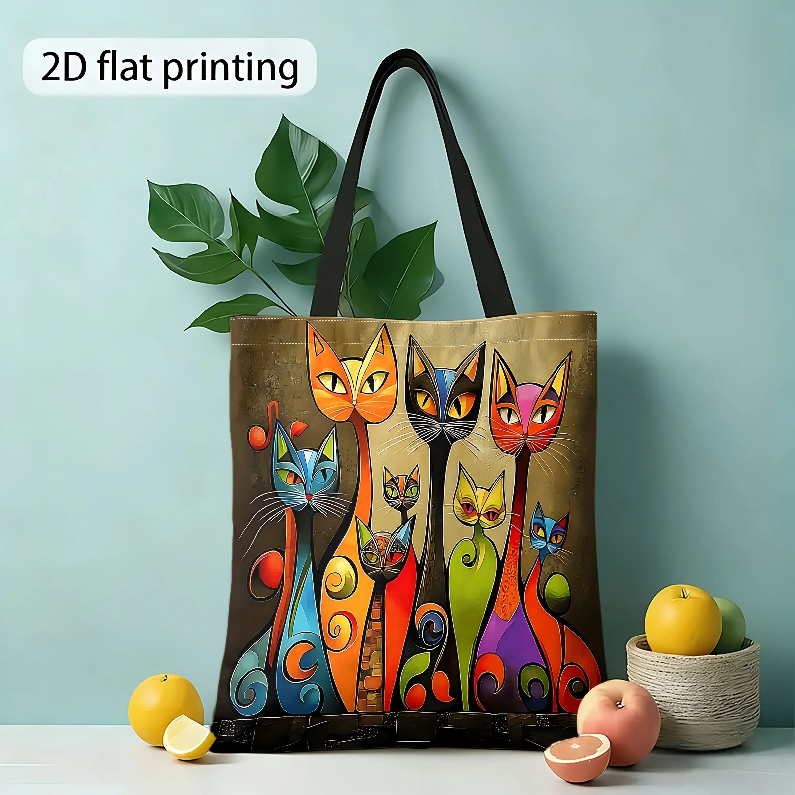 1pc Shoulder Bag Featuring a Colorful Abstract Cat Design Reusable Shopping Bag As a Women'S Handbag Grocery Pouch
