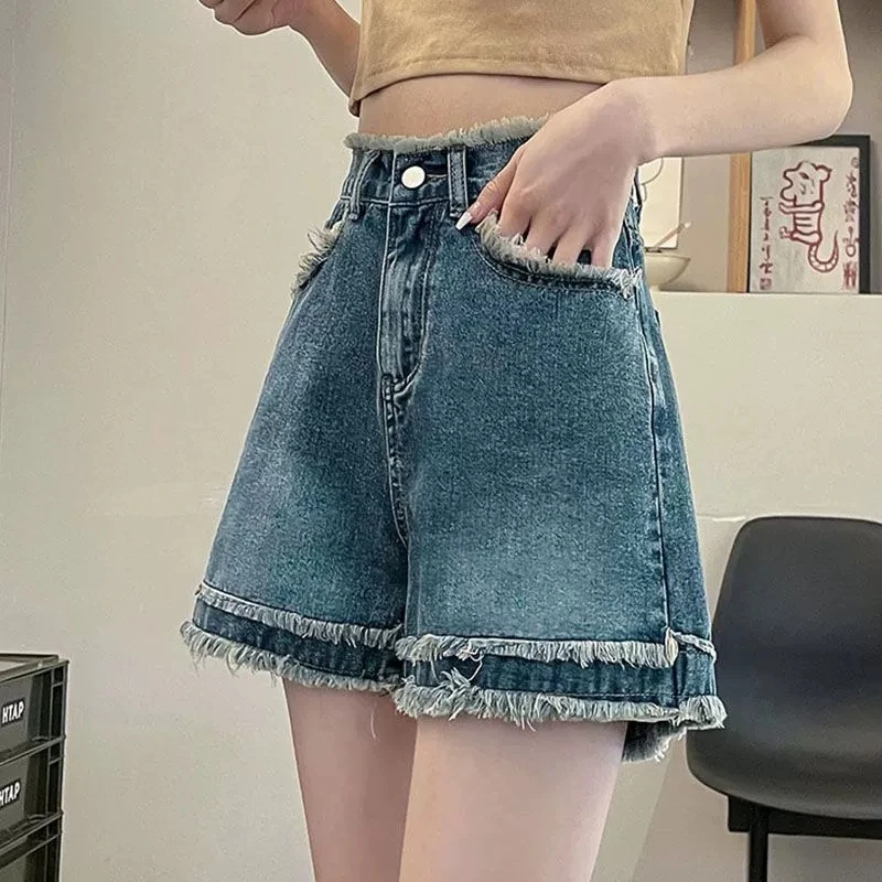 

Hot Pants Streetwear Trousers Vintage Blue Furry Edge High Waist Denim Shorts Female Summer New A-Line Loose Slim Design Sense