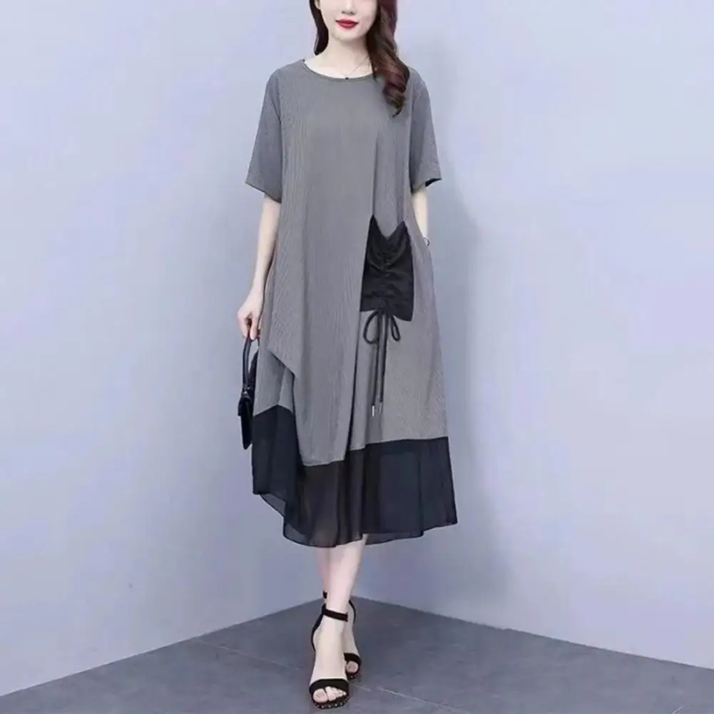 Women Short Sleeve Long Dress Stylish Plus Size Mesh Patchwork Midi Dress with Color Matching Details Drawstring for Chubby