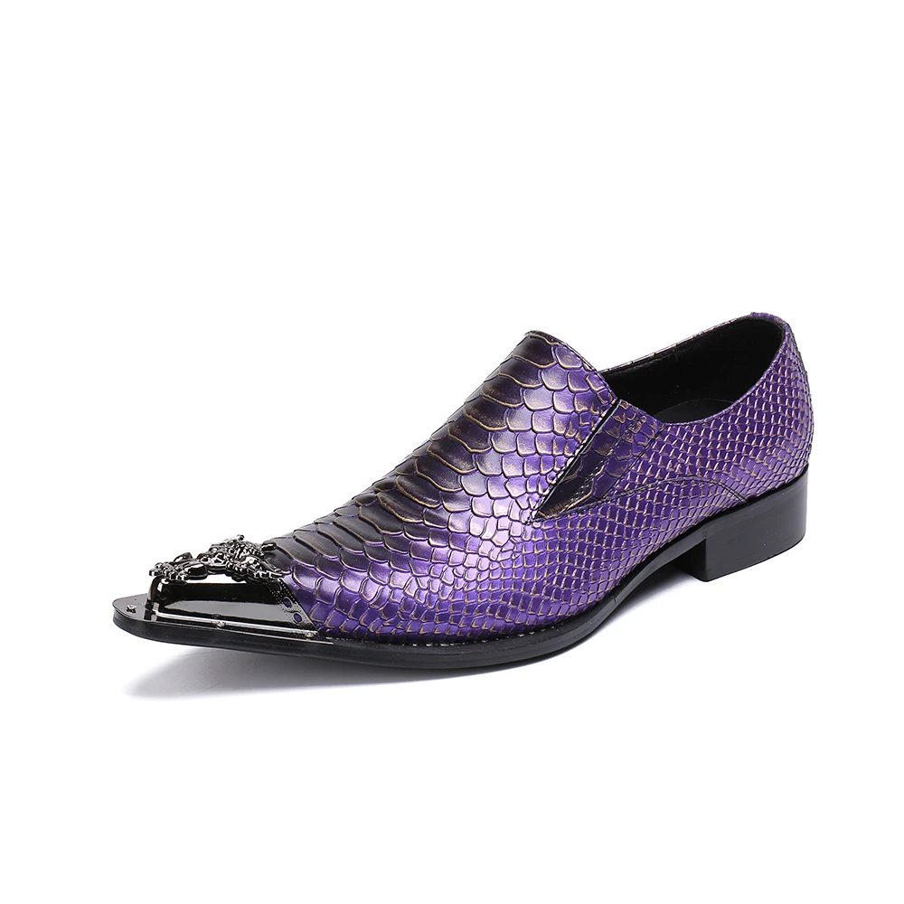 Fashion Purple Snake Grain Genuine Leather Men Party Dress Shoes Metal Pointed Toe Business Office Party Oxford Shoes Plus Size