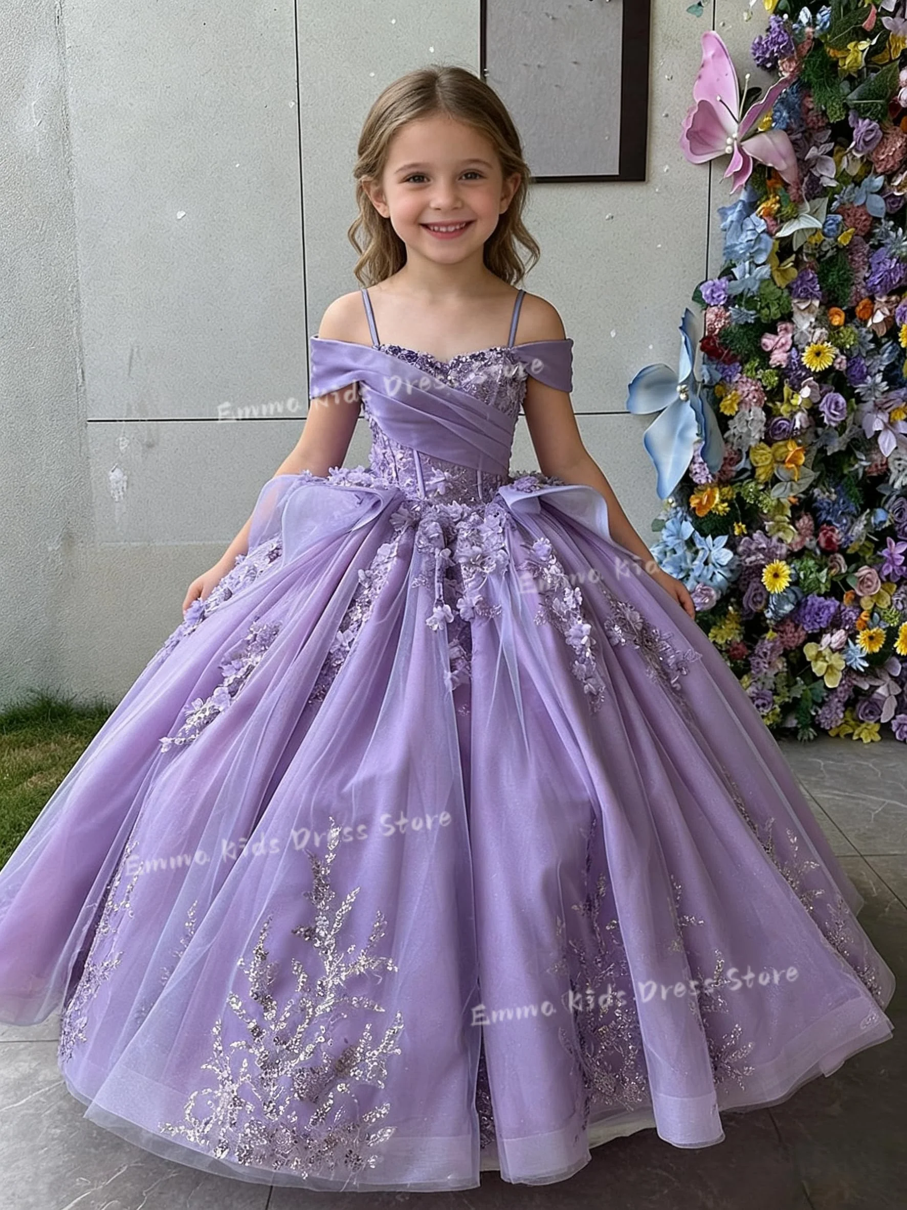 

Custom flower girl dress with ruffled crystal 3D flowers, layered lace appliqué flower girl pageant dress, first communion dress