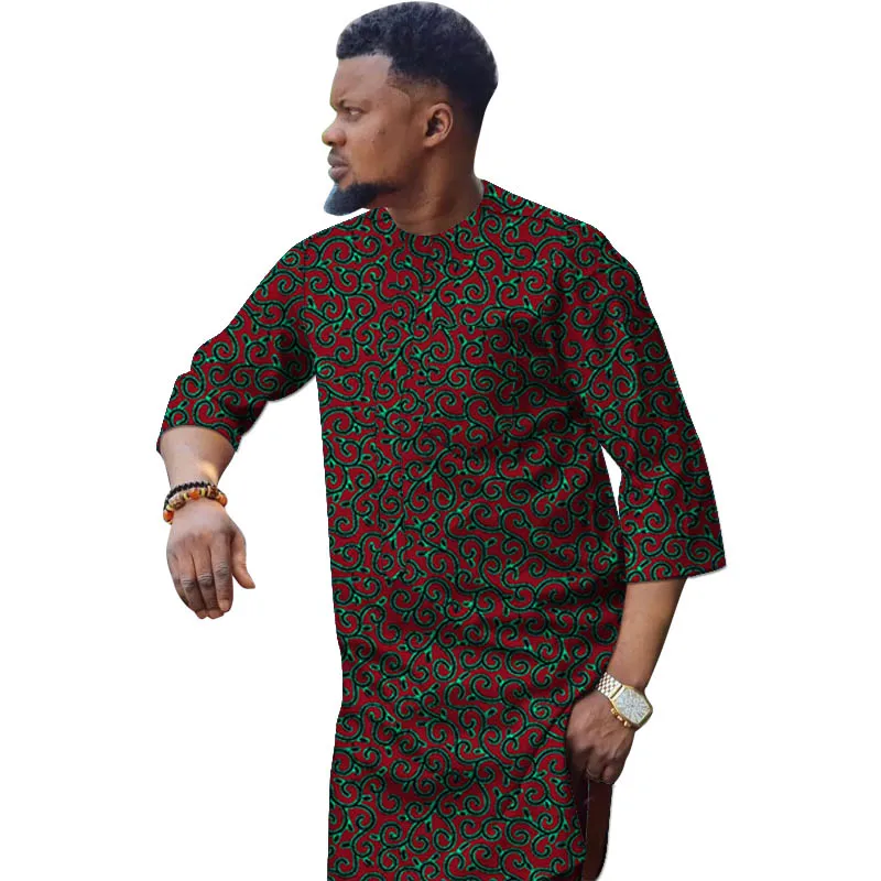 3/4 소매 남성 셔츠 오리지널 디자인 O넥 탑 아프리카 꾸뛰르 파티웨어 신랑 의상 다쉬키 프린트 파티웨어