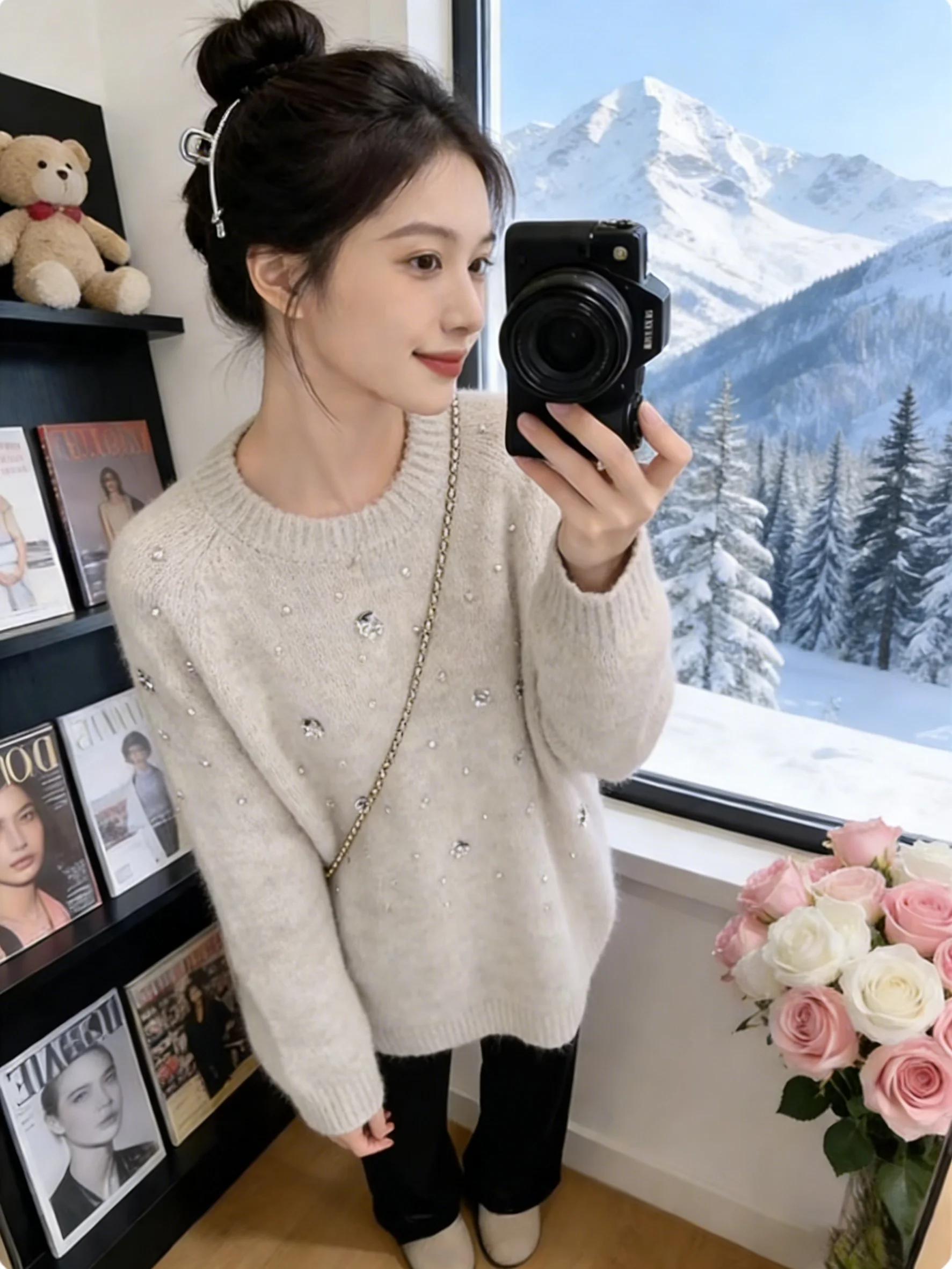 

Элегантный модный женский трикотажный топ Ele Agel с инкрустацией стразами, мягкий, повседневный, весенняя новинка, высокое качество