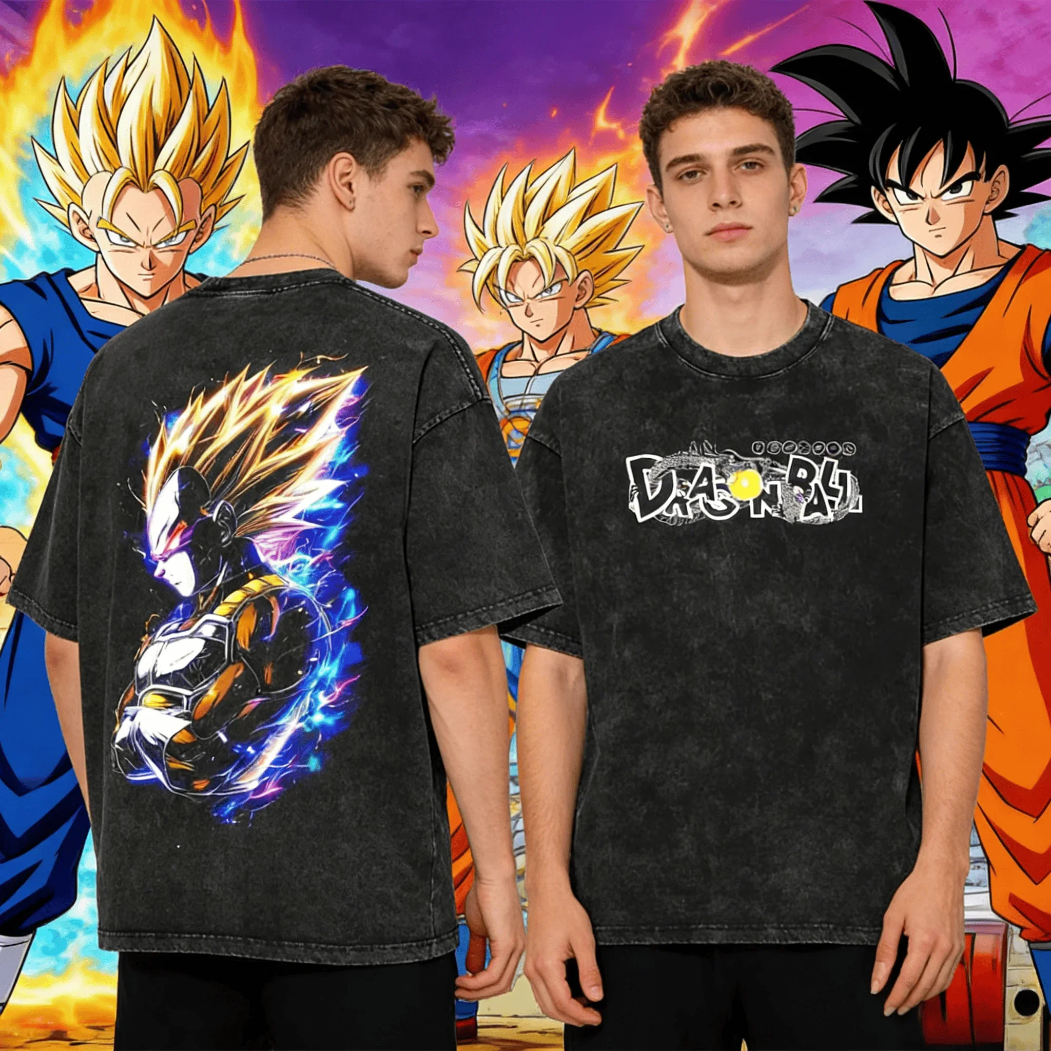 

2026 Dragon Ball Unisex Vintage Print T-Shirts Oversized Washed Cotton Majin Buu Vegeta Saiyan Gogeta Goku Black Rose Anime Tees