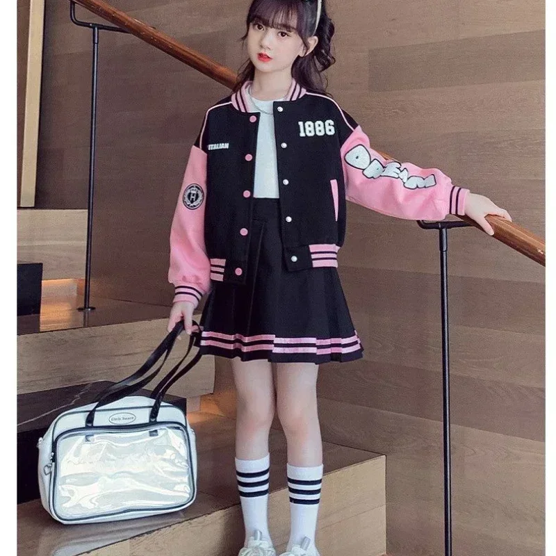 Autumn Children Girl Clothes Baseball Jacket Uniform Coat and Pleated Skirt 2pcs Letter Suit Teenage Contrast Striped Sets