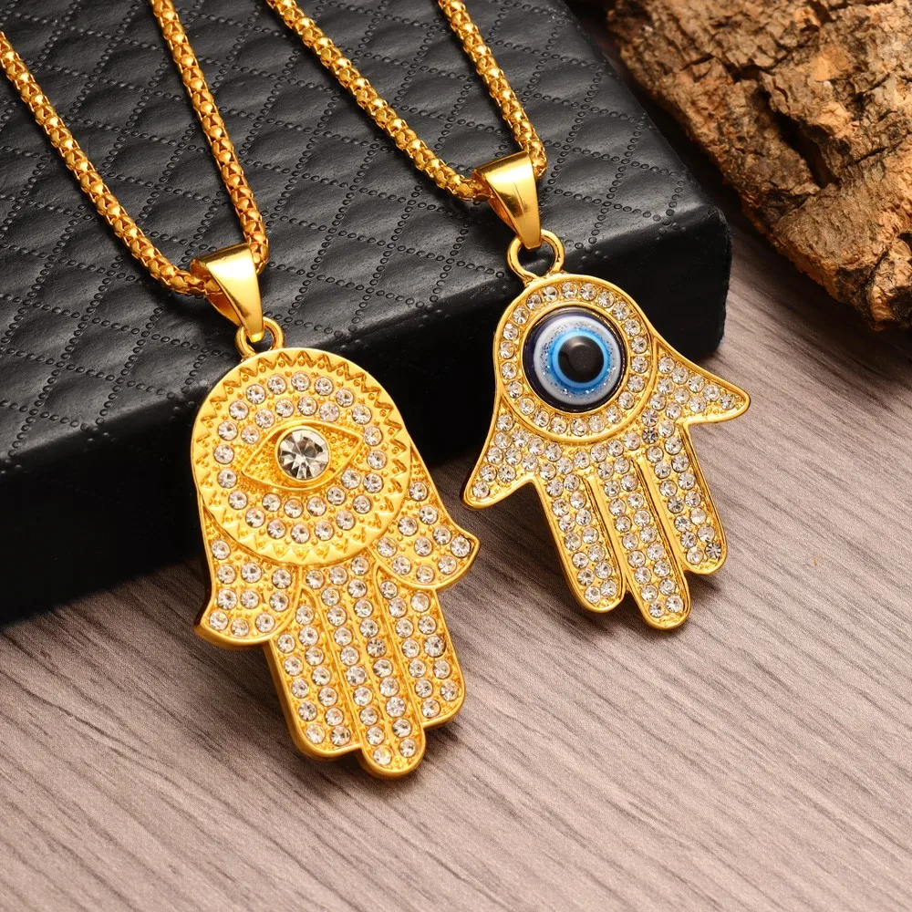 New Men's Fashion Titanium Steel Gold Plated Full Rhinestones Hand of Fatima Pendant Necklace Religious Personality Jewelry