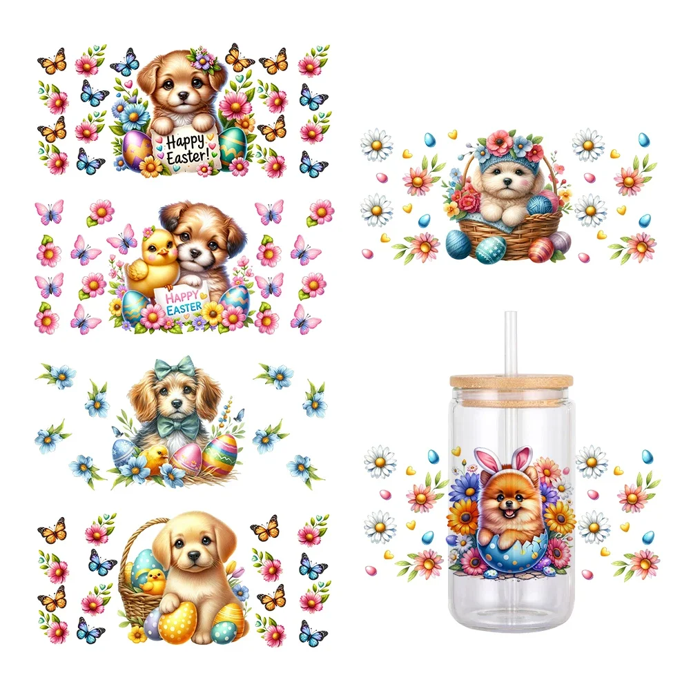

11x24cm Easter Pet Dog For Libbey 16oz Can Glass 3D Waterproof UV DTF Coffee Can Wrap Libbey Glass Wrap