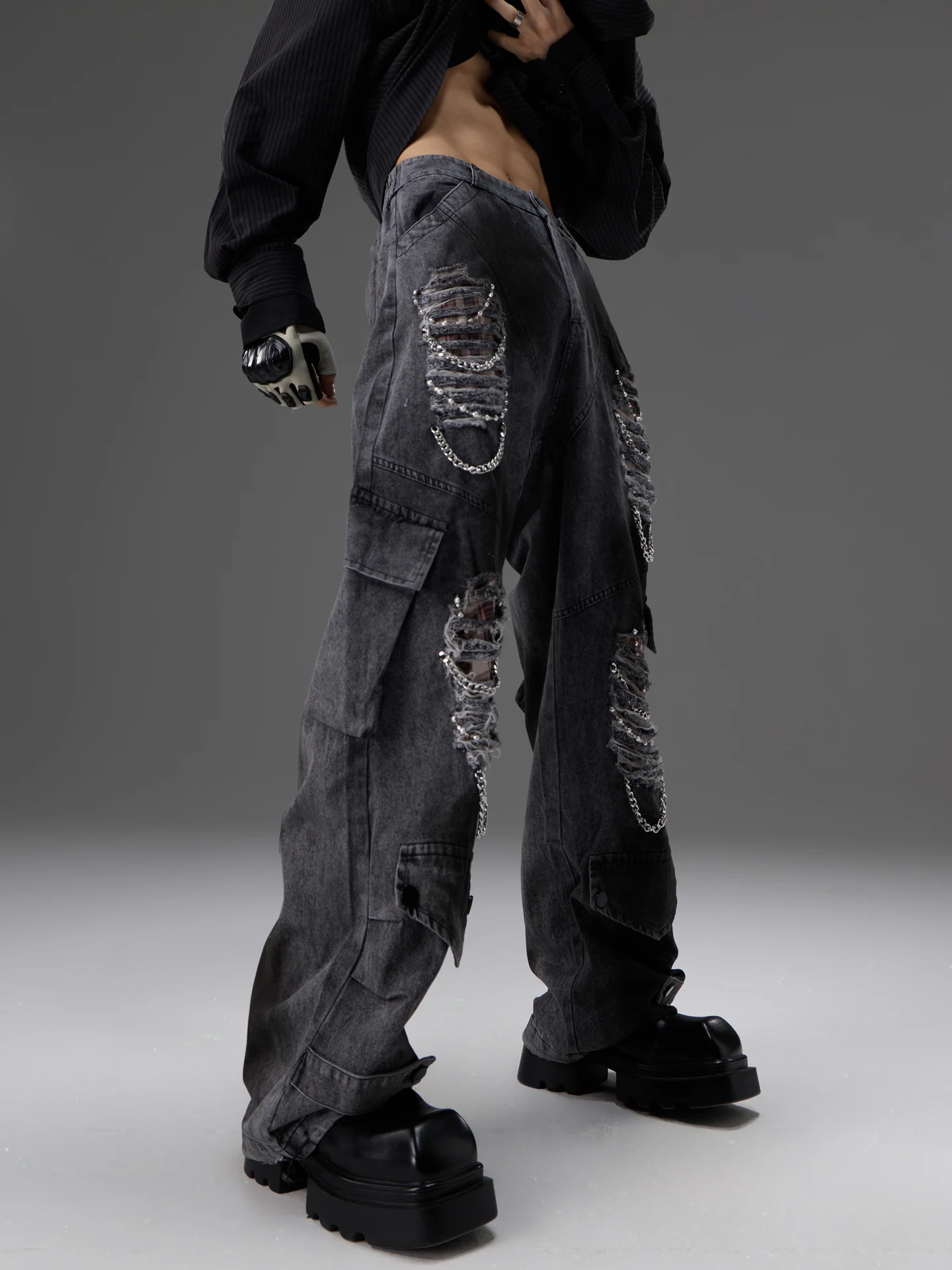 Calças Jeans de Perna Larga com Design de Zíper Metálico Envelhecido e Pérolas, Corte Reto, Unissex, para Festivais de Música...