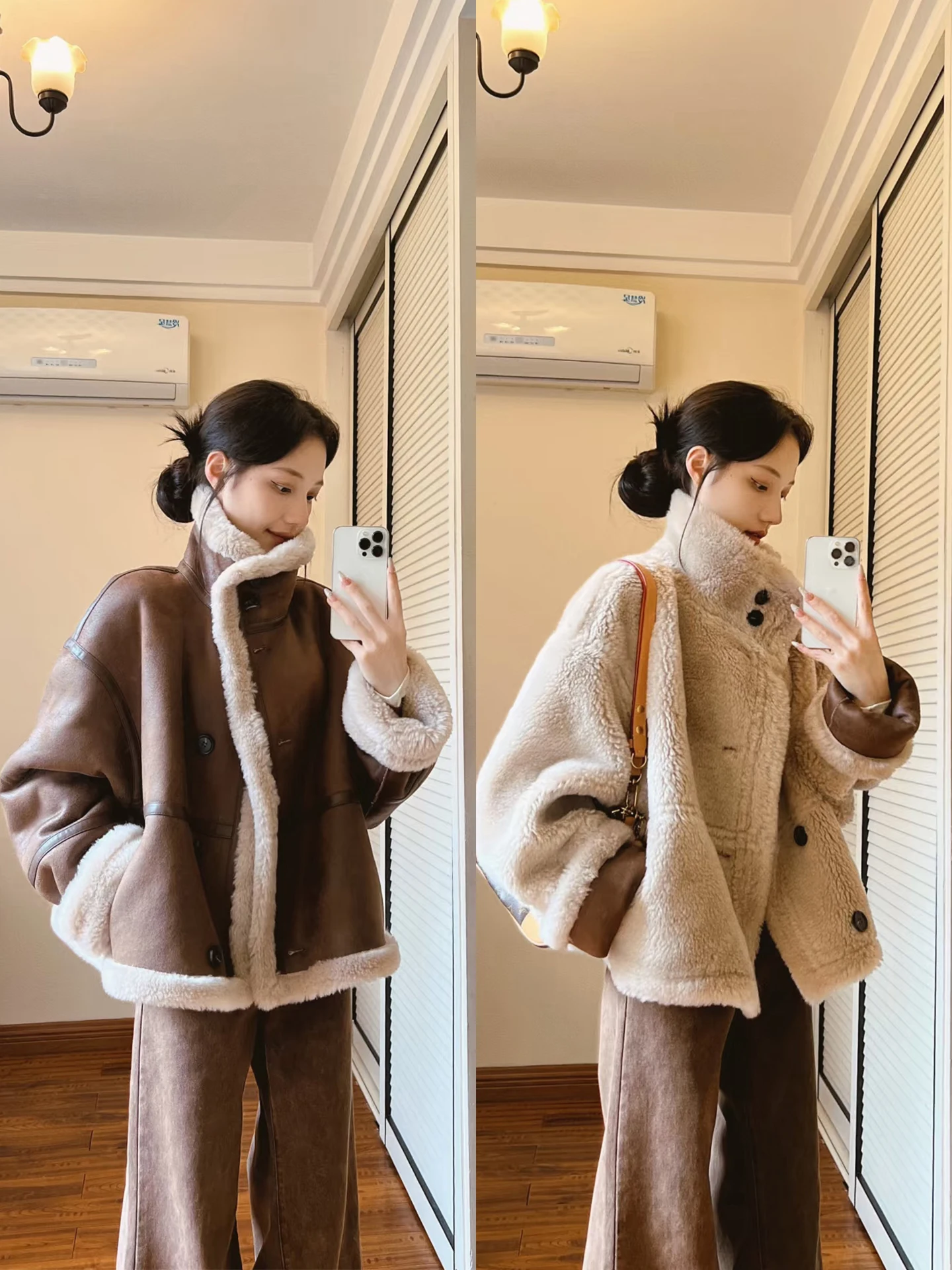 環境に優しい00%ウールショートファージャケット レディース 春用レザーコート 毛皮と革が一体化した環境に優しいデザイン