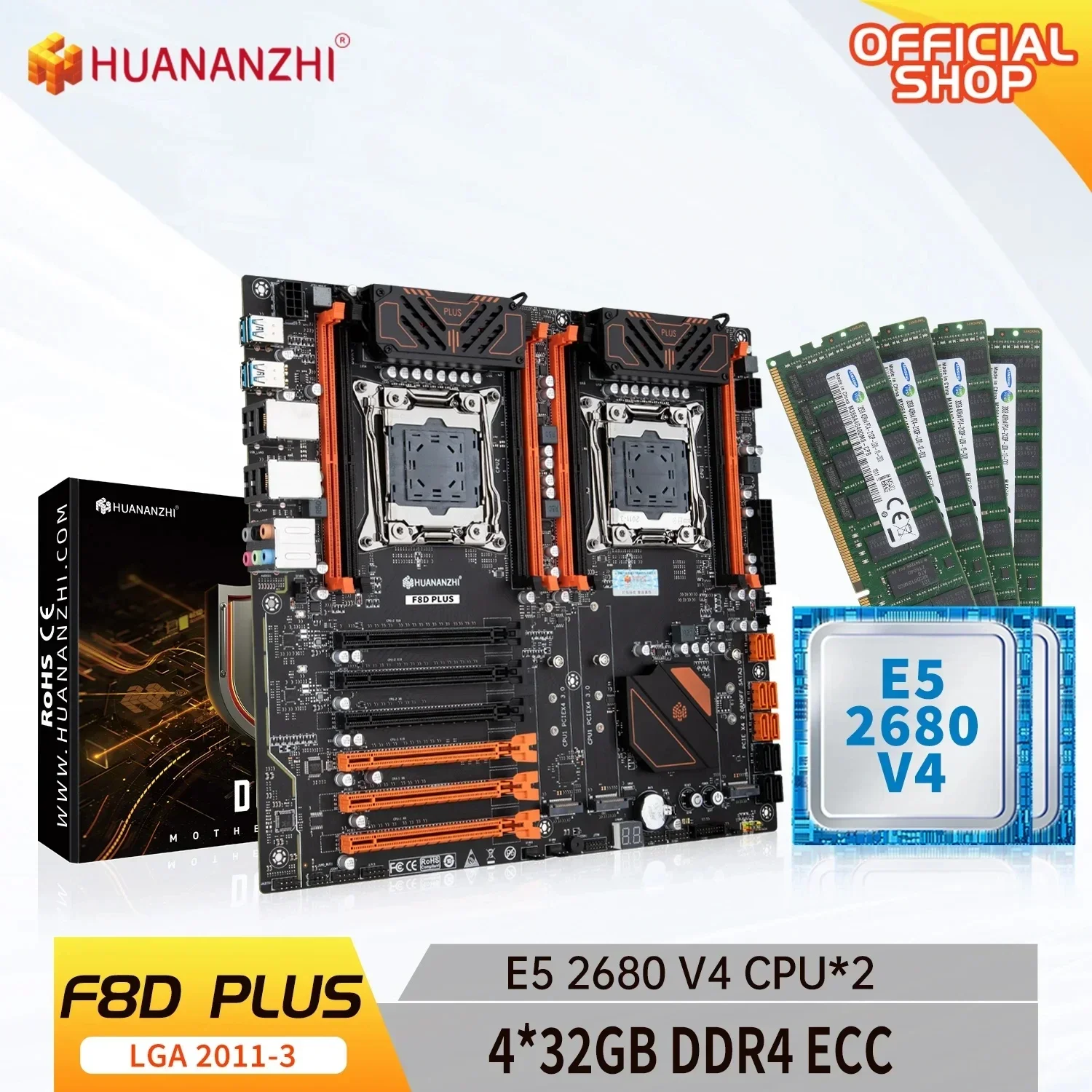 X99 F8D PLUS LGA 2011-3 XEON X99 Motherboard with Intel E5 2680 V4*2 with 4*32G DDR4 RECC memory combo kit set RU