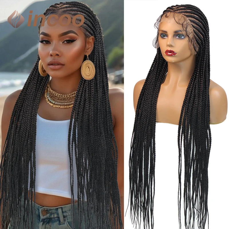 

36" Long Cornrow Braided Wigs for Women Synthetic Full Lace Front Box Braid Wig Knotless Black Goddess Box Braiding Wig African