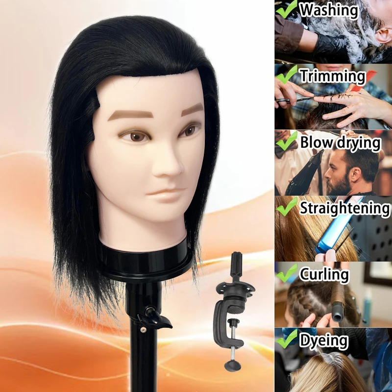 Premium Mannequin Head and Free Fixture Bracket 100% Human Hair Manikin Doll Head Straight Wig Mannequin Hairstylist Training