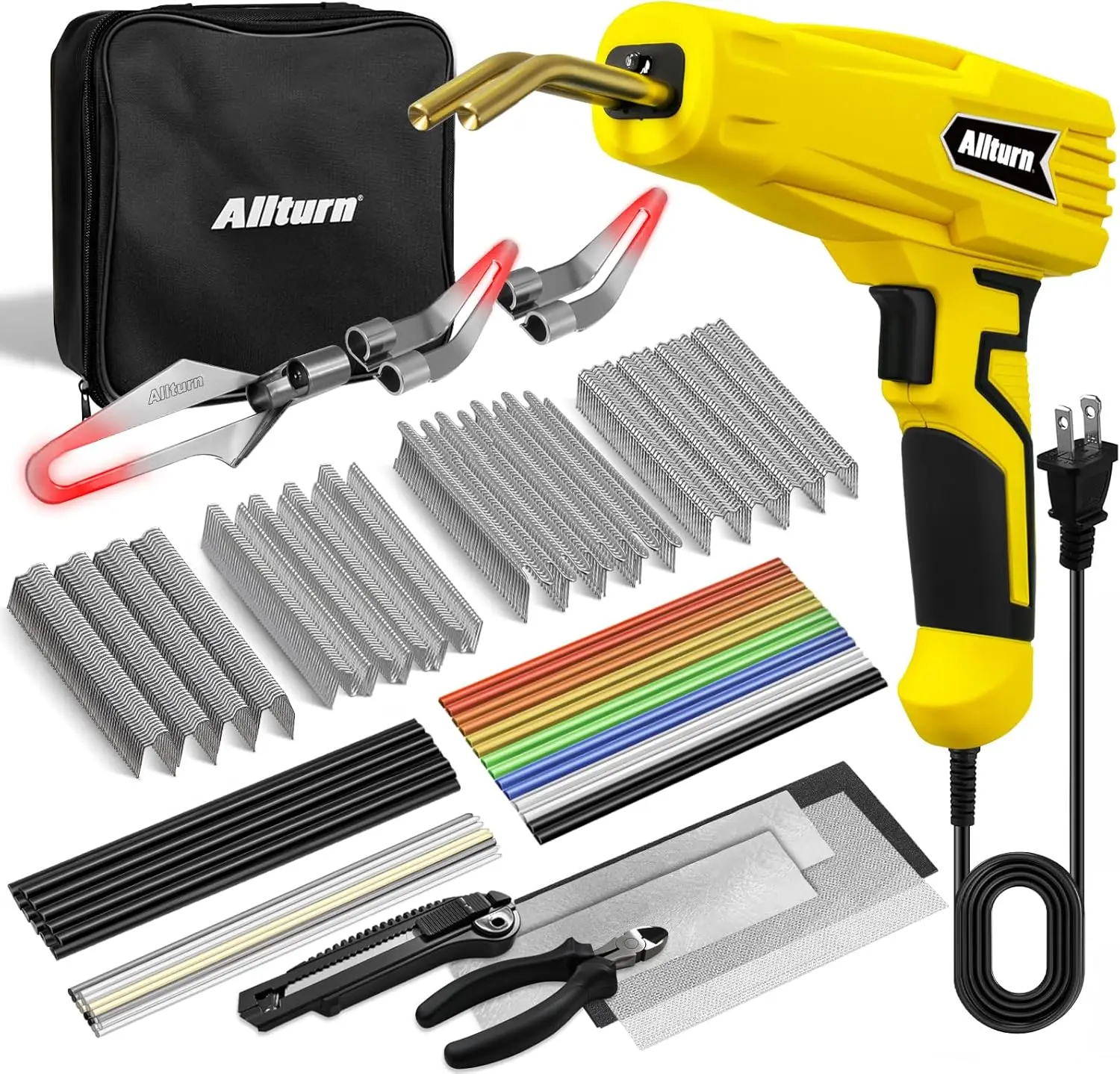2-in-1 Plastic Welding Kit with Hot Staples Gun for Car Bumper Repair, Works on Most Plastics, Patent D970324 (Yellow)