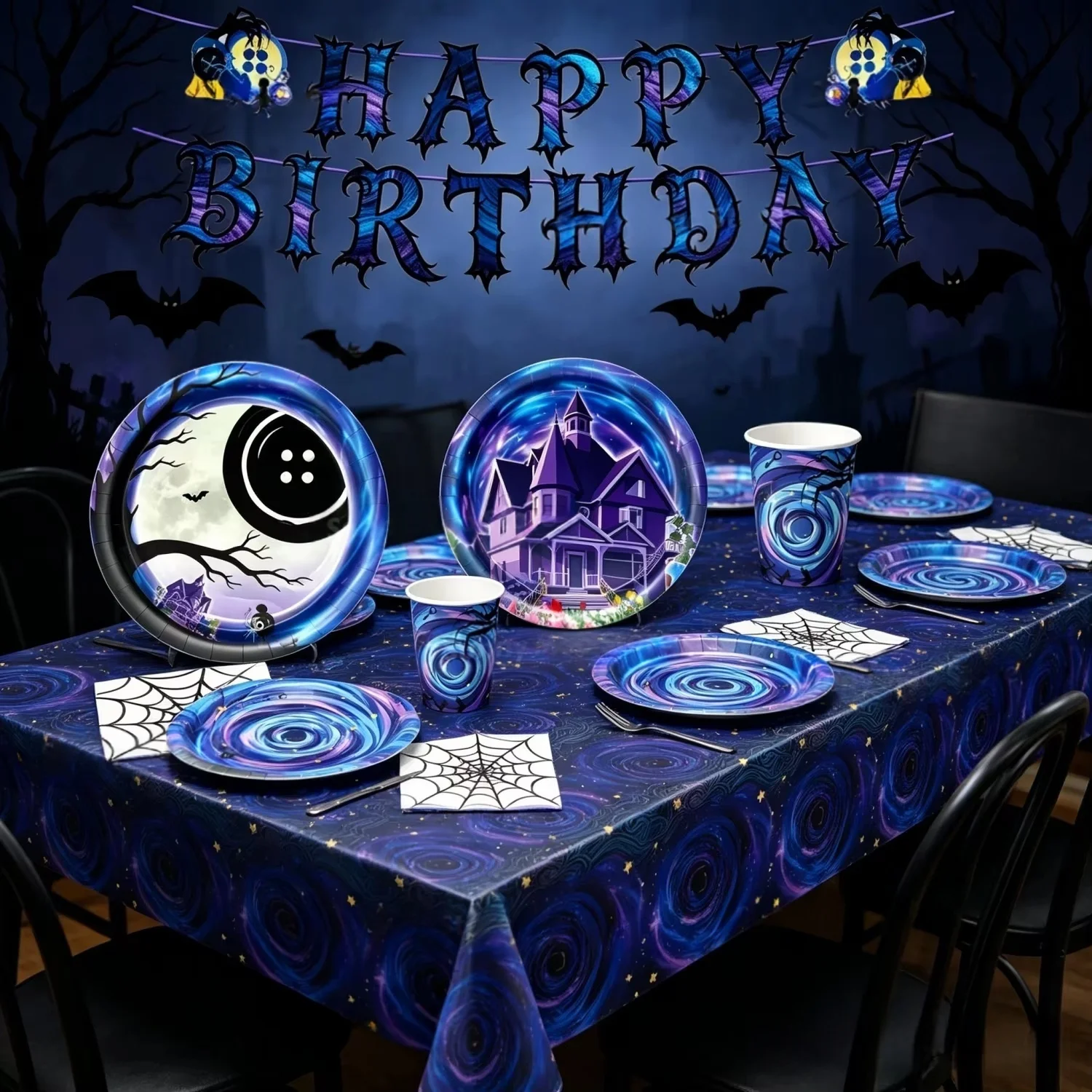 Horror-Thema Sternennacht Geisterhaus Papier-Party-Set für Geburtstag Halloween Gruselige Nacht Party Tischdekoration – Detail 3