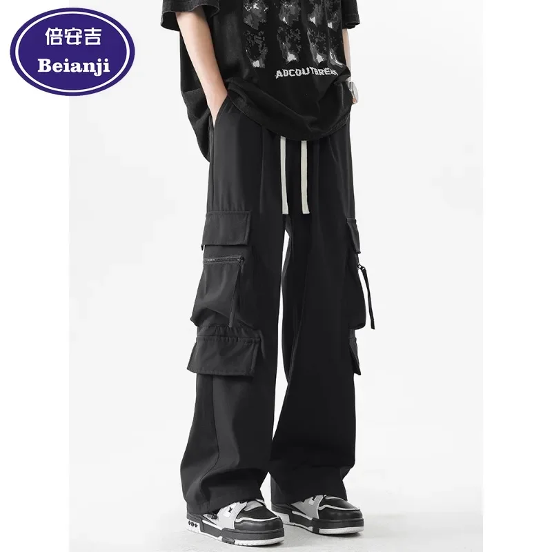 

Beianji men's storm pants vintage outdoor functional style black fashion brand American vintage large pocket overalls