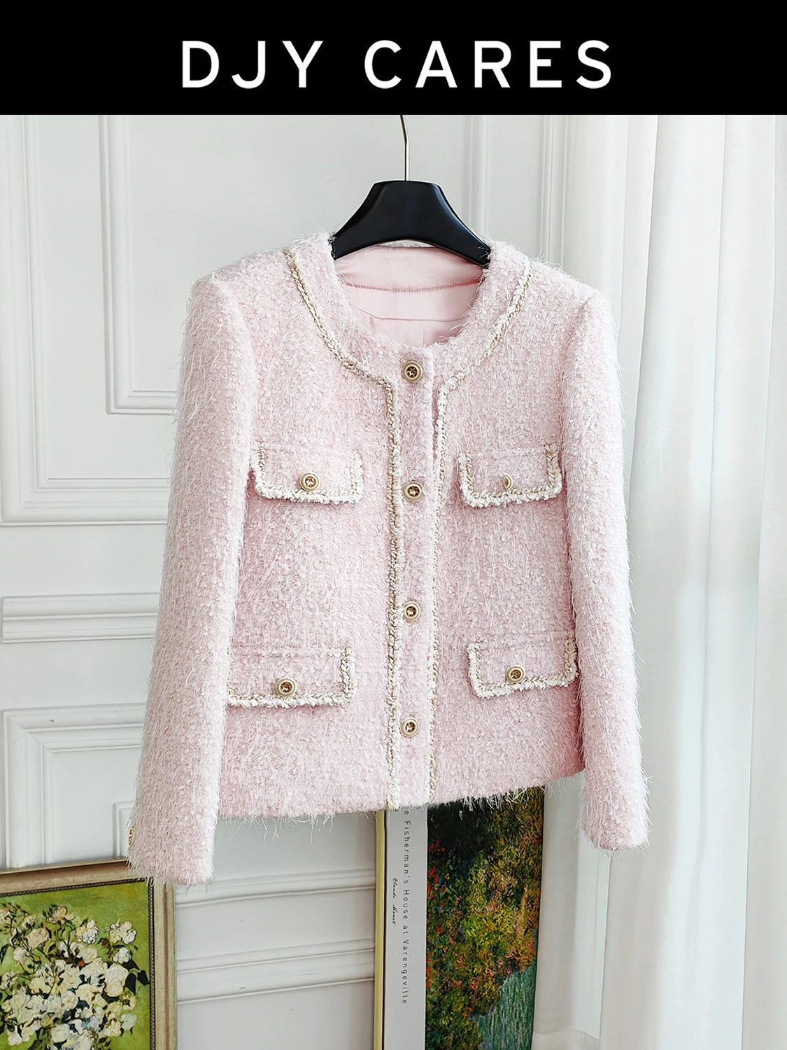 

Новый милый светло-розовый твидовый пиджак с круглым вырезом и модным темпераментным топом большого размера