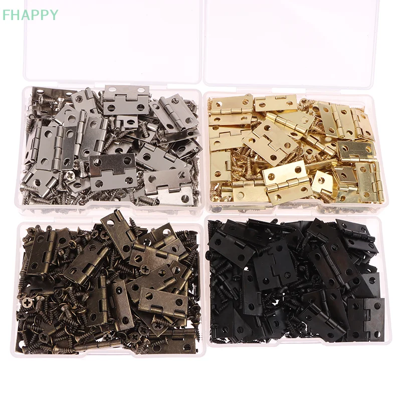 50Pcs Hinges + 200 Screws Iron Gold Silver Black Bronze 4 Holes Durable Furniture Hardware Mini Hinge Decor