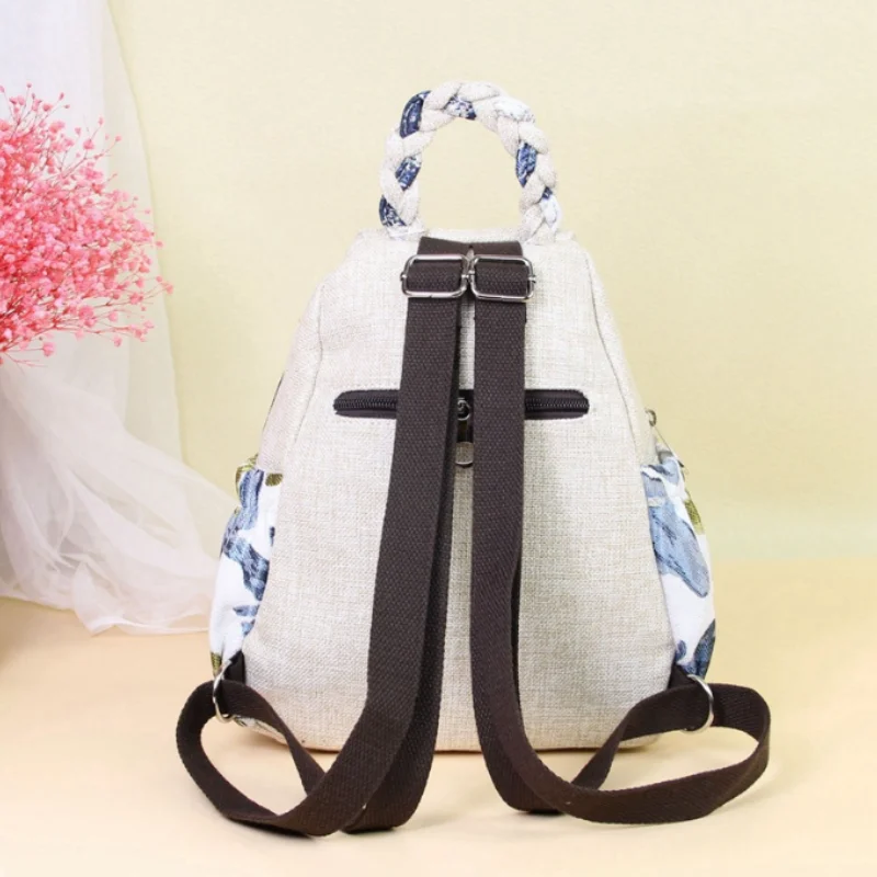 Cotton Linen Lightweight Soft Backpacks for Women Braided Flower Casual Travel Bags Girls Vintage Schoolbag Daily Rucksacks