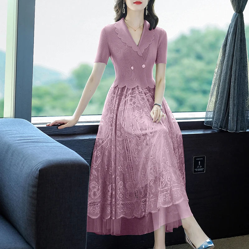 2024 Summer Pink Patchwork Mesh Hook Flower Hollow Fake Two Piece Dress Women Korean Fashion Elegant Bodycon Office Lady Dresss