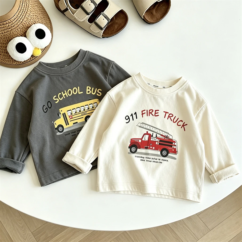 Printing Tees Kids Casual Loose TShirts New Pure Cotton Clothes Toddler Little Car Printed Tops Child Long-sleeved Pullovers
