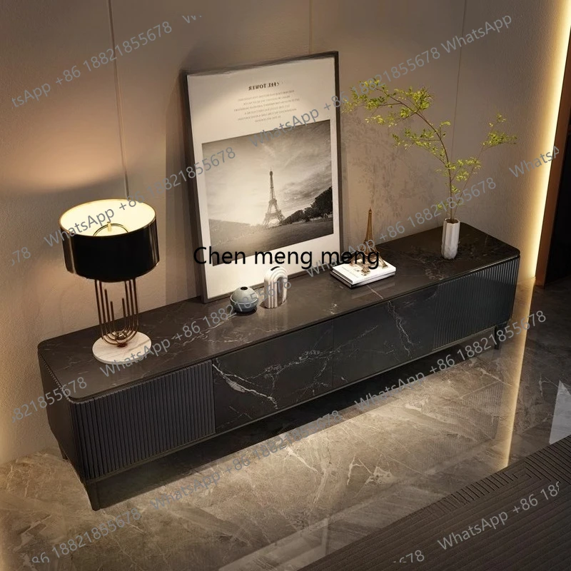 

Retro TV cabinet villa living room storage cabinet high-end light luxury black slate floor cabinet