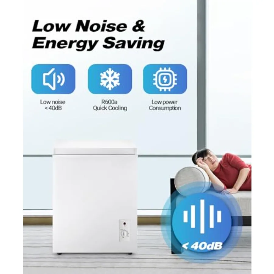 Chest Freezer Deep Freezer 5 Cubic Feet with 6 Adjustable Temperature for home garage use, stainless steel, white, energy-effic